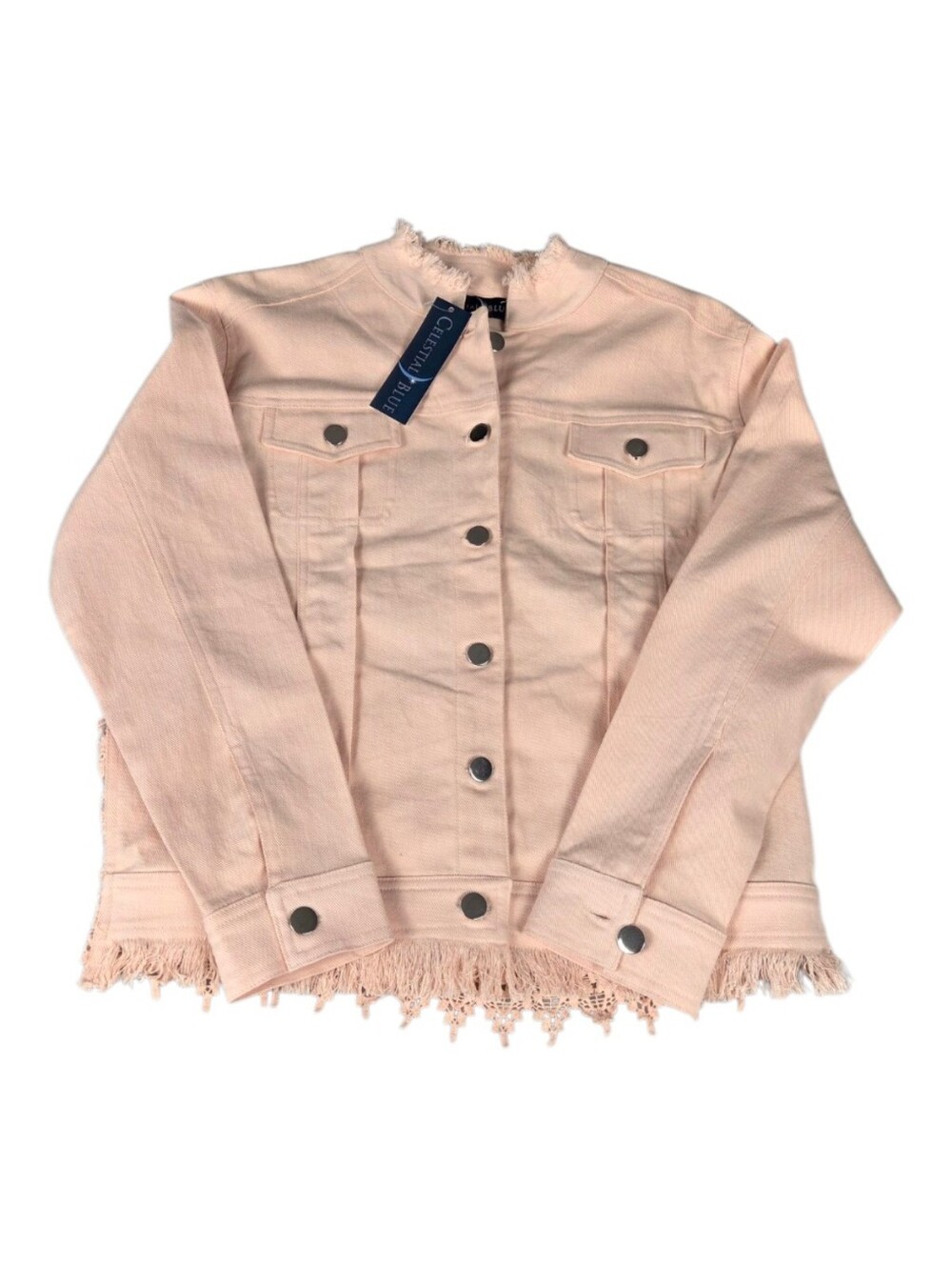 NWT Celestial Blue Womens Peach Pink Denim Jacket Medium Crochet Lace Fringe Raw